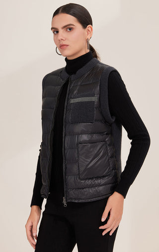 Cashmere Down Women's Knit-Trim Sleeveless Puffer Vest