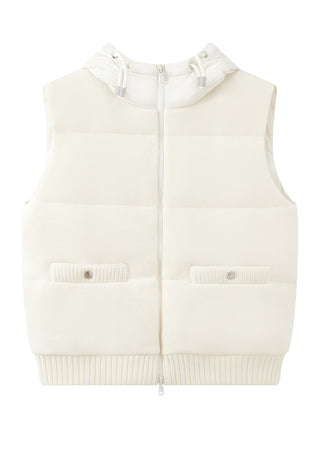 Ivory hooded down vest with snap pockets and full front zipper