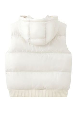Ivory hooded down vest with ribbed hem and full front zip