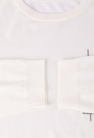 White crewneck knit with ribbed cuffs and waistband, silver bead embroidery detail