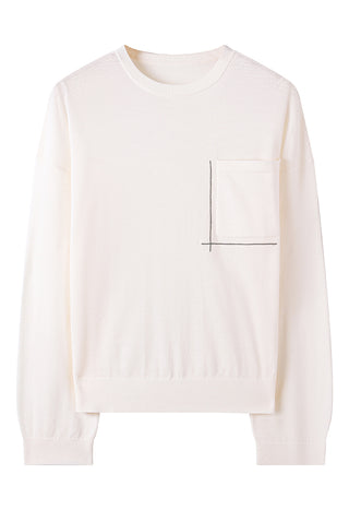 White wool crewneck sweater, front view, silver bead line square detail on chest