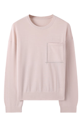 Light apricot crewneck knit sweater, chest pocket with silver bead line detail