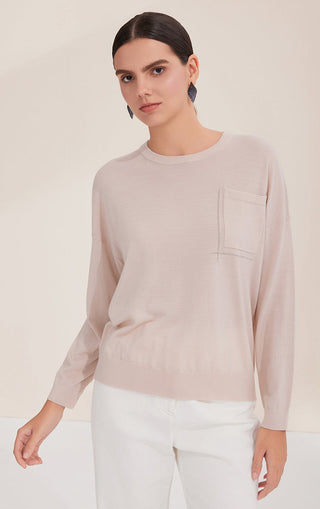 Light apricot wool crewneck knit with silver bead line square motif on chest pocket