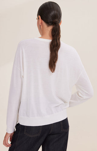 White wool crewneck knit, back view, ribbed hem and cuffs
