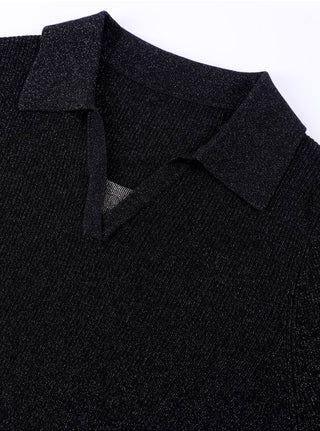 Black ribbed polo collar detail with layered beaded neckline and V-neck opening