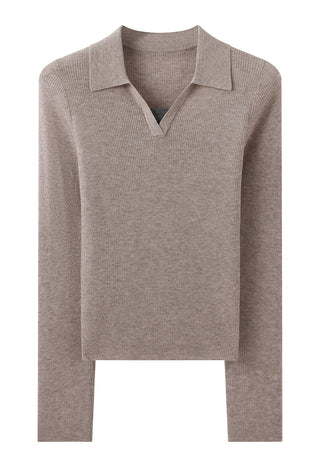 Camel ribbed polo pullover with point collar and beaded V neckline (flat lay)