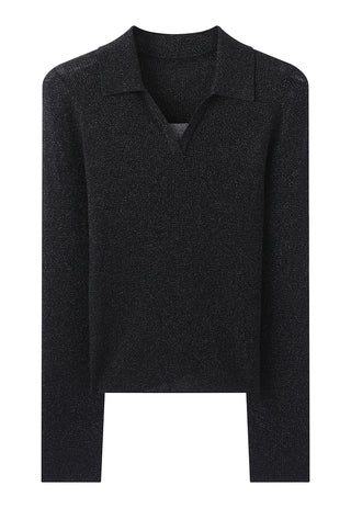 Black fine wool blend ribbed polo pullover flat lay with V-neck and beaded neckline