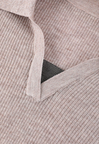 Layered beaded V neckline on camel ribbed polo pullover with point collar