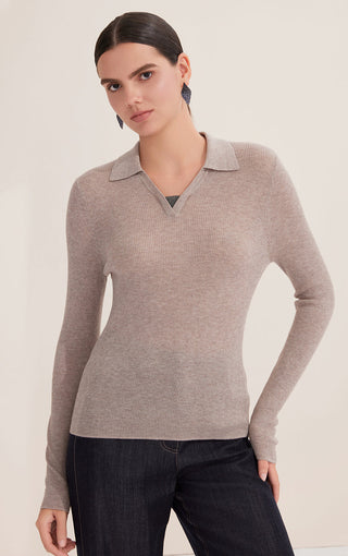 Camel ribbed wool-blend polo pullover with layered beaded V neckline and long sleeves
