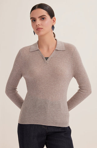 Camel ribbed knit polo pullover with point collar and layered beaded V neckline