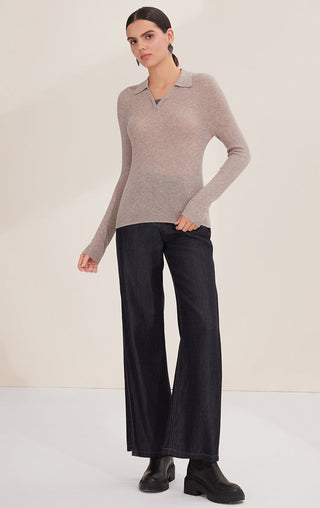 Camel ribbed wool-blend polo pullover with point collar and long sleeves
