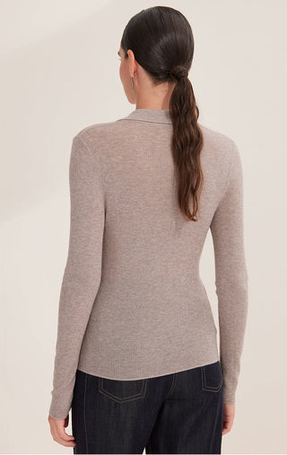 Camel ribbed knit polo pullover with V-neckline detail and long sleeves, back view