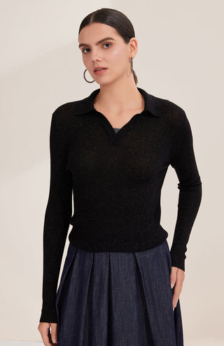 Black ribbed wool-blend polo pullover with point collar and long sleeves