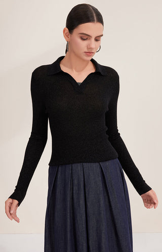 Black fine wool blend ribbed polo pullover with layered beaded neckline, long sleeves