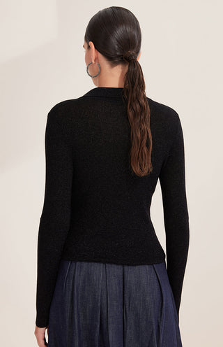 Black ribbed polo pullover back view with long sleeves and structured V-neck collar