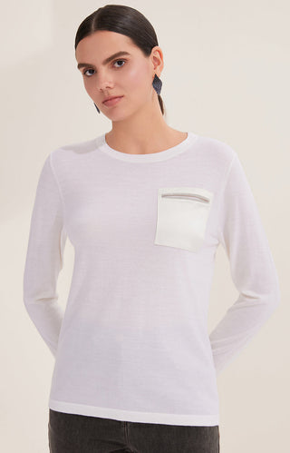 White wool knit top front view with beaded pocket detail and crew neckline
