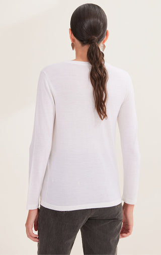 White wool knit top back view, crew neck and long sleeves