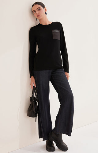 Black wool knit top with beaded pocket detail, crew neck, long sleeves