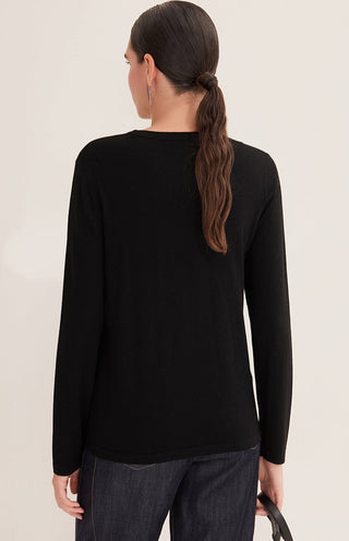 Black wool knit top back view, crew neck and long sleeves