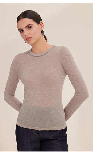 Camel lightweight wool knit sweater, crew neck, long sleeves and ribbed cuffs