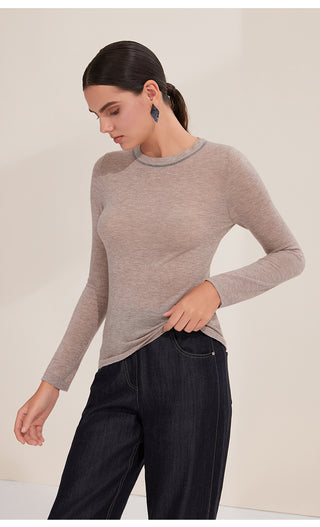 Camel lightweight wool knit sweater, crew neck, long sleeves with relaxed fit