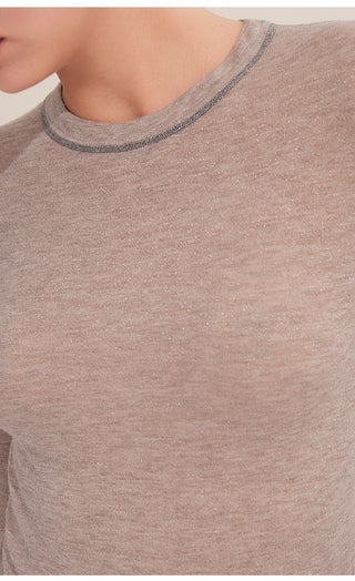 Camel lightweight wool knit sweater close-up of crew neck and heathered texture