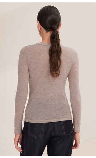 Camel lightweight wool knit sweater, back view with crew neck and long sleeves