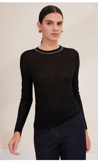 Black lightweight wool knit sweater, crew neck, long sleeves and ribbed trim