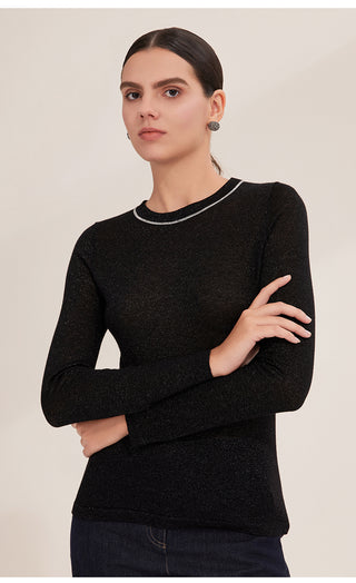 Black lightweight wool knit sweater, front view with crew neck and long sleeves