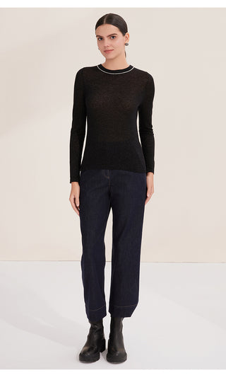 Black lightweight wool knit sweater, crew neck long sleeves with relaxed fit