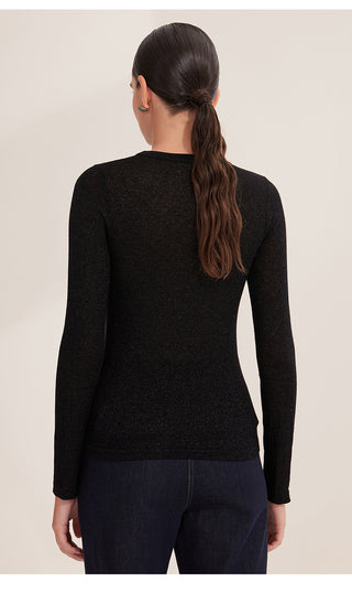 Black lightweight wool knit sweater, back view with long sleeves and crew neck