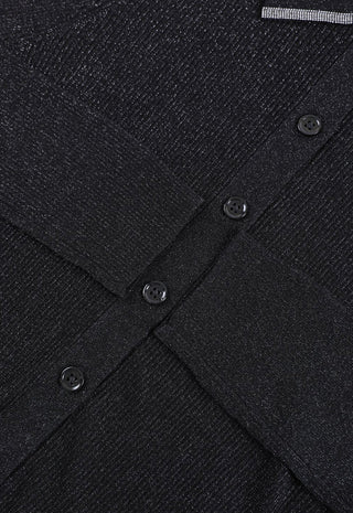 Close-up of black ribbed sweater button placket and textured fabric