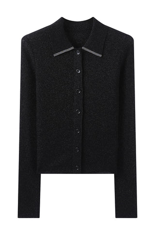 Flat-lay black polo sweater with ribbed texture, button front, and stand collar