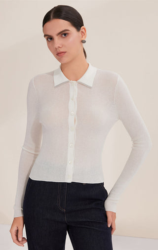 Wool Blend Women's Sheer Ribbed Polo Cardigan