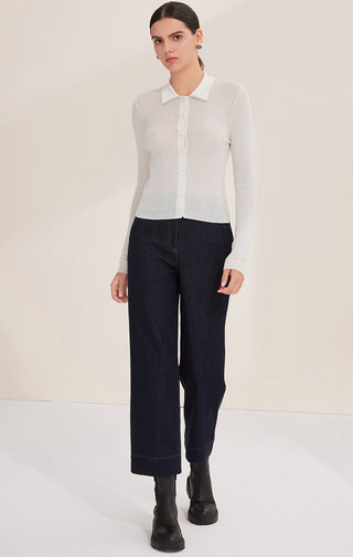 White fine wool-blend ribbed polo sweater with collar and button front