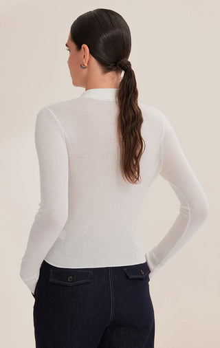 Back view of white ribbed button polo sweater with long sleeves