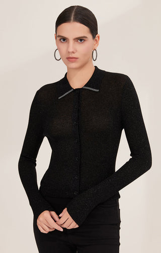 Black ribbed wool-blend polo sweater with button placket and collar detail