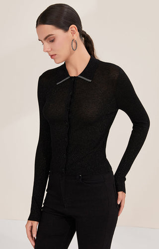 Black ribbed polo sweater with long sleeves and front button placket, side view