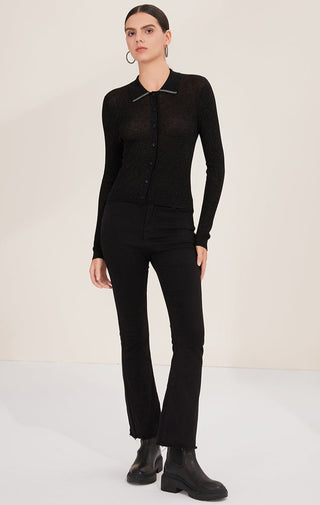 Black fine wool-blend ribbed polo sweater, front view with long sleeves