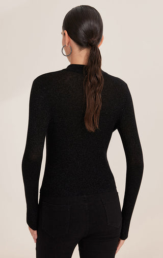 Black ribbed polo sweater back view with buttonless neckline and long sleeves