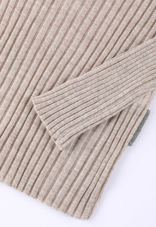 Light apricot ribbed wool blend pullover, sleeve cuff and knit texture detail