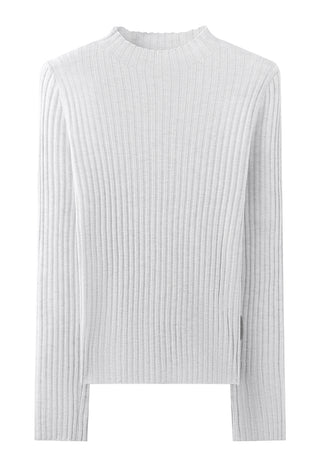 Wool-blend ribbed crewneck pullover in light apricot, long sleeves and high neckline.