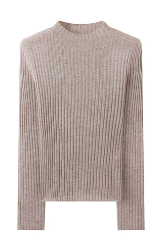 Light gray wool blend ribbed crewneck pullover, mock flat lay with ribbed collar