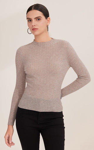 Light gray wool blend ribbed crewneck pullover with fitted waist and long sleeves