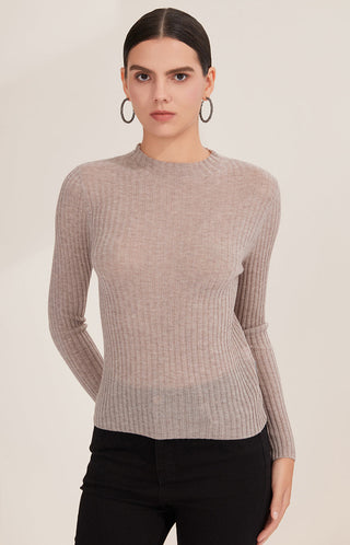 Wool blend ribbed crewneck pullover, light gray, long sleeves and fitted knit look