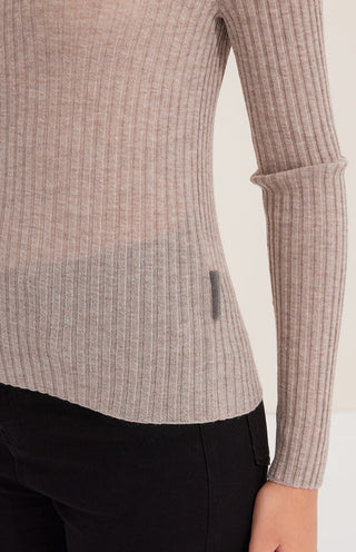 Light gray ribbed wool blend pullover, crewneck and vertical knit texture detail