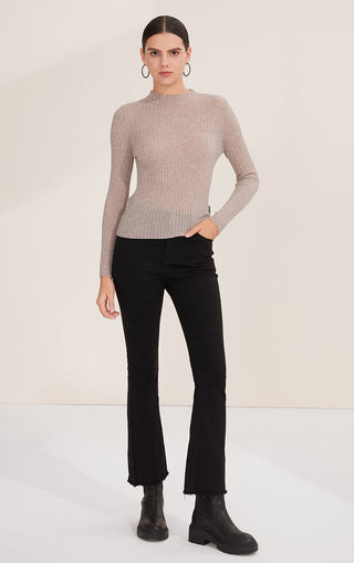Light apricot wool blend ribbed crewneck pullover, long sleeves and ribbed hem
