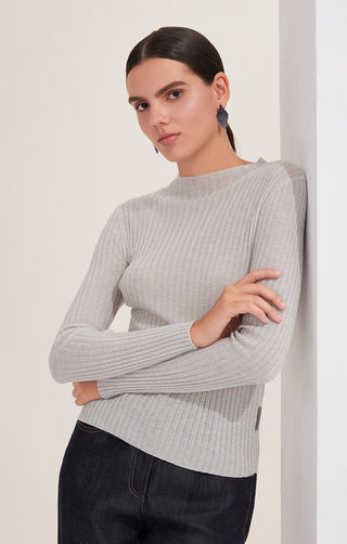 Wool-blend ribbed crewneck pullover, light gray, long sleeves and fitted hem.