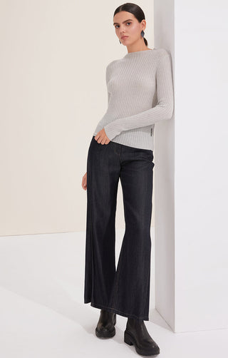 Light gray ribbed crewneck pullover, long sleeve knit top with straight fit.