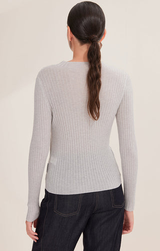 Light gray wool-blend ribbed crewneck pullover from the back, long sleeve.